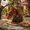 Amber glass horse-shaped whiskey decanter with skull cap, leather bridle, and black label reading Inferno Stallion.!