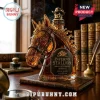 Amber glass horse-shaped whiskey decanter labeled Inferno Stallion with a skull cowboy hat stopper on a vintage desk.!