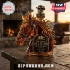 Amber glass horse head whiskey decanter featuring a skull cowboy hat topper and Inferno Stallion label on wood table.!