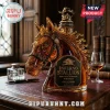 Amber glass horse-shaped whiskey decanter with a skull-shaped bottle stopper and a black label reading Inferno Stallion.!
