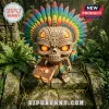 Aztec skull figurine with glowing eyes and rainbow feathered headdress holding a book on a stone jungle background.!