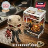 Iron Maiden Eddie Funko Pop vinyl figure holding a small red devil on a wooden desk with its branded collector box.!