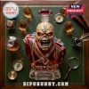 Iron Maiden The Trooper decanter featuring a skull bust in red crystal uniform with 666 markings on a green desk surface.!