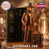 Amber glass Jack Daniel's 160th anniversary whiskey bottle shaped like a man in a hat standing on a safe display box.!