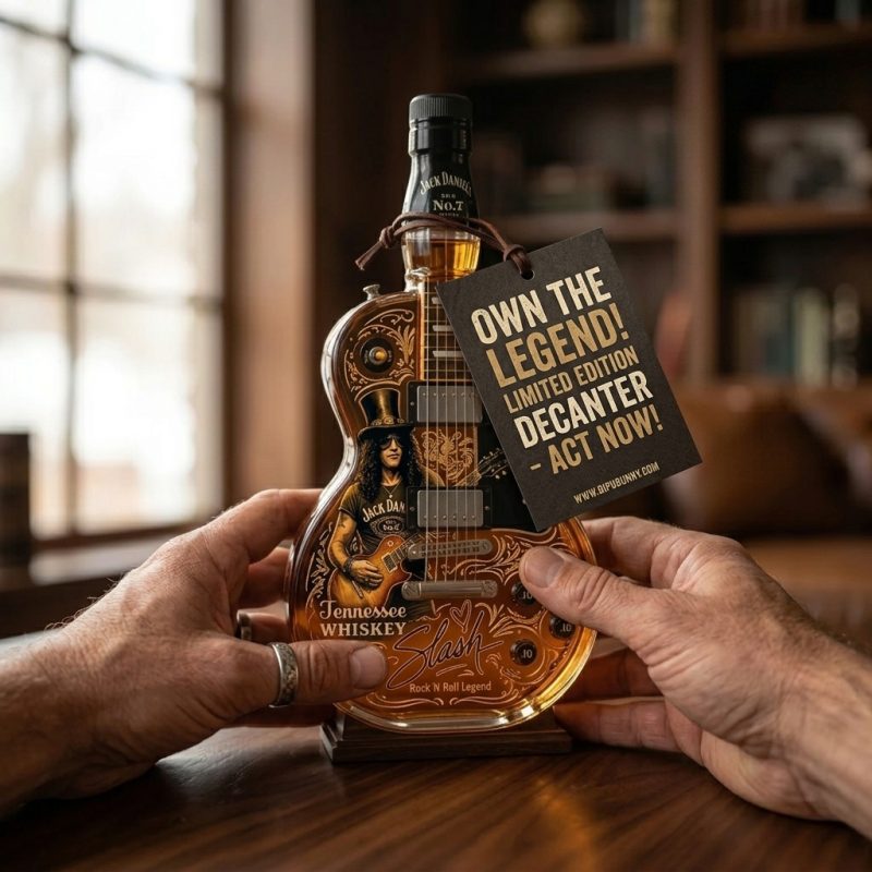 Jack Daniels Slash guitar bottle where to buy at Bipubunny store - product displayed on a wooden table