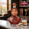 Jalen Brunson shaped glass whiskey decanter with basketball stopper, orange and blue jersey, and number 11 inscription.!