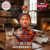Jalen Brunson bust-shaped glass whiskey decanter with a basketball stopper, orange and blue jersey detail, on a desk.!