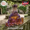 JMU bulldog glass statue with a crown and purple cloak, featuring Go Dukes text, set on a stone wall.!