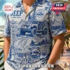 Blue and white patterned Jeep Wrangler button-down shirt featuring off-road graphics, mountain scenery, and road signage.!