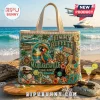 Jimmy Buffett Margaritaville tote bag with parrot, guitar, ship wheel, and seashell bead embellishments on beach background.!