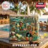 Jimmy Buffett Margaritaville tote bag with beaded tropical parrot, guitar, sailboat, and cocktail motifs on a beach background.!