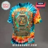 Jimmy Buffett tie-dye t-shirt with distressed edges featuring a parrot, acoustic guitar, and Margaritaville text graphics.!