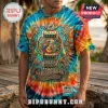 Jimmy Buffett Margaritaville tie-dye t-shirt featuring a parrot, acoustic guitar, and palm tree graphic illustration.!