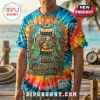 Tie-dye t-shirt featuring Jimmy Buffett Margaritaville graphics, a guitar, parrot, and tropical themes on blue and orange.!