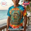 Tie-dye t-shirt featuring Jimmy Buffett Margaritaville graphics, a guitar, parrot, and palm tree print on a beach deck.!