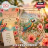 Stemless wine glass with parrot and hibiscus print, featuring It's Five O'Clock Somewhere text and matching gift box.!