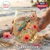 Stemless glass featuring a macaw, hibiscus flowers, and text reading It's Five O'Clock Somewhere on a sandy beach.!