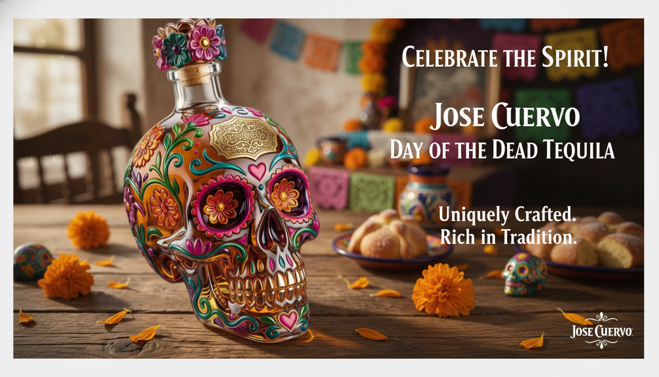 Jose Cuervo Day of the Dead Sugar Skull Tequila Bottle featuring colorful floral sugar skull artwork and decorative stopper