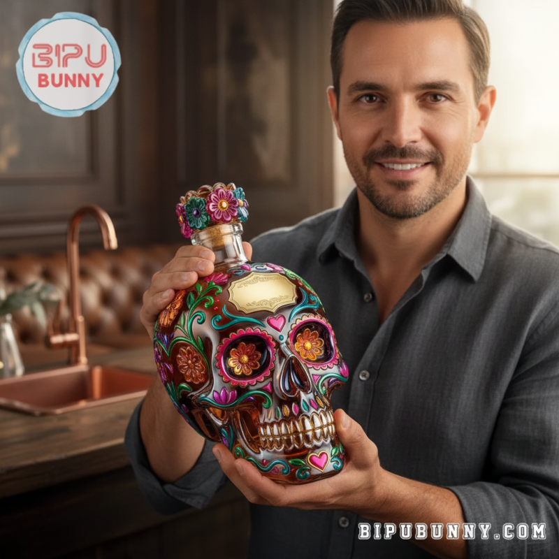 Colorful Day of the Dead sugar skull tequila bottle displayed on a wooden home bar counter