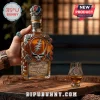 Grateful Dead Jose Cuervo tequila bottle with embossed metal skull logo and roses on a wooden surface with matching glass.!