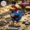 Kansas Jayhawks mascot glass decanter wearing a top hat with gold beak and shoes on a rectangular base outdoors.!
