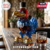 Kansas Jayhawks glass decanter shaped like the mascot wearing a top hat and gold shoes on a wooden bar counter.!