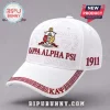 White Kappa Alpha Psi baseball cap with red embroidered shield, greek letters, diamond icon, and 1911 text on side.!