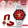 Kappa Alpha Psi silver stainless steel watch with red dial, Greek letters, crest, and custom name area on display stand.!