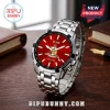 Stainless steel chronograph watch with red dial, Kappa Alpha Psi Greek letters, and custom name text on wooden surface.!