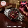 Kappa Alpha Psi silver chronograph watch with a red dial, rhinestone hour markers, and stainless steel link band.!