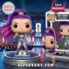 Katy Perry Funko Pop figure wearing a blue and gold sparkly outfit with purple hair standing on a FIFA 2026 display base.!