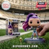 Katy Perry Funko Pop figure with purple hair holding a soccer ball microphone on a 2026 FIFA World Cup display base.!