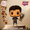 Kylian Mbappé vinyl collectible figure in PSG kit holding a silver trophy on a circular display stand.!