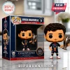 Khvicha Kvaratskhelia Funko Pop vinyl figure wearing Paris Saint-Germain jersey holding a silver trophy beside display box.!