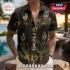 KISS rock band short-sleeve button-down shirt featuring stained glass mosaic graphics of members on a black background.!
