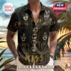 Short-sleeve button-down shirt featuring a stained-glass style print of the rock band KISS members on a black background.!