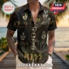 KISS band member portraits printed on a dark short-sleeve button-down shirt with gold logo and geometric accent panels.!