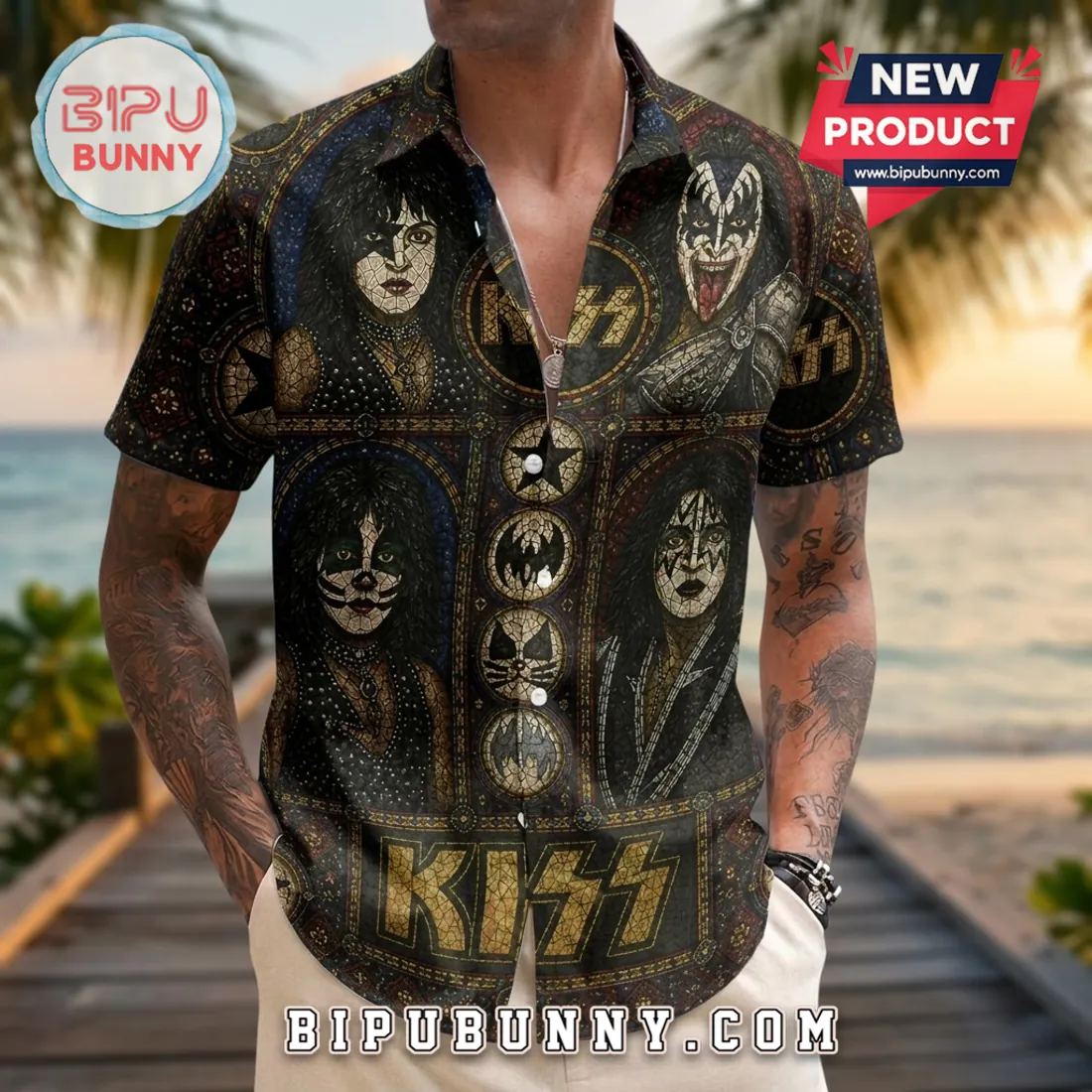 KISS Band Stained Glass Collage Short Sleeve Hawaiian Shirt KISS Band Stained Glass Collage Short Sleeve Hawaiian Shirt