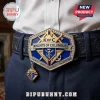 Knights of Columbus hexagonal belt buckle with blue and gold enamel, rhinestone accents, and a dangling charm on a leather belt.!