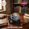 Knights of Columbus hexagonal belt buckle with blue and gold emblem, charity unity fraternity motto, on black leather belt.!