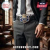 Knights of Columbus hexagonal belt buckle in blue and gold metal worn on a black leather belt with a grey business suit.!