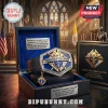 Knights of Columbus commemorative belt with blue and gold 3D sculpted buckle in a black leather display box.!