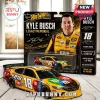 Kyle Busch M&M's number 18 NASCAR diecast car with matching collector packaging on a white wood surface.!