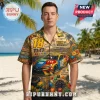 Man wearing yellow M&M's racing button-up shirt featuring Kyle Busch Toyota Camry graphics and palm tree beach background.!
