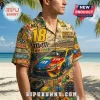 M&M's Racing button-down Hawaiian shirt featuring a Kyle Busch number 18 Toyota Camry, palm trees, and beach backdrop.!