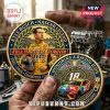Kyle Busch NASCAR commemorative metal coins with gold trim, featuring racing car number 18 and M&M's branding in a shop.!