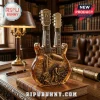 Led Zeppelin IV double-neck guitar shaped glass whiskey decanter with embossed Hermit and zeppelin art on wooden desk.!