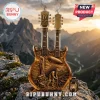Double-neck glass guitar sculpture featuring Led Zeppelin IV imagery, a hermit figure, and an airship on a mountain backdrop.!