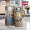 Lionel Messi number 10 tumbler with gold accents, blue AFA crest, and matching collector's box on marble surface.!