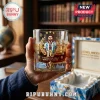 Lionel Messi glass featuring 16 World Cup goals graphic, gold laurel wreaths, three stars, and trophy icons in a library.!